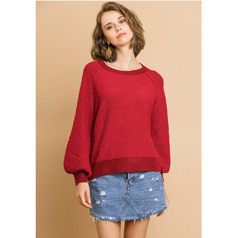 Umgee Puff Sleeve Boat Neck Sweater in Cherry Red Size Medium NWT